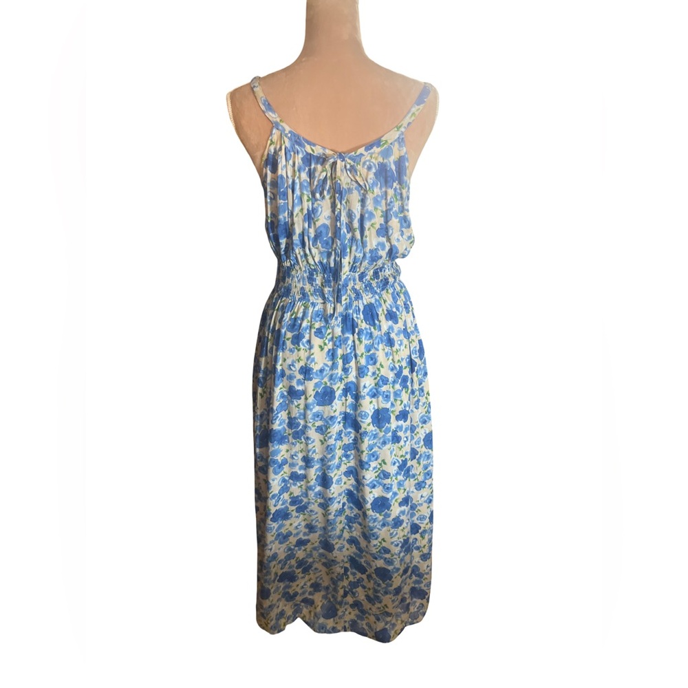 Tulle for Anthropologie Blue and White Floral Midi Dress with Ruched Waist